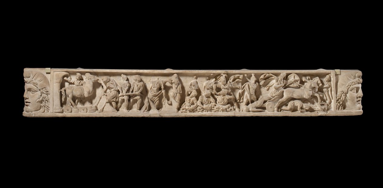 Pokrywa sarkofagu przedstawiająca oblężenie Troi, c.200 AD (marmur) autorstwa Roman