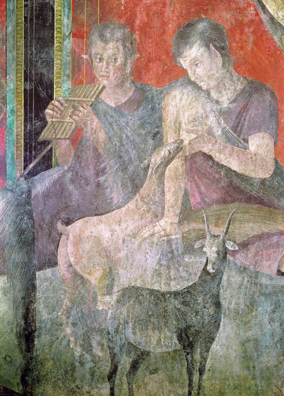 Satyr grający na piszczałkach i nimfa karmiący kozę piersią, 60-50 pne (patrz także 57187 i 57185) autorstwa Roman