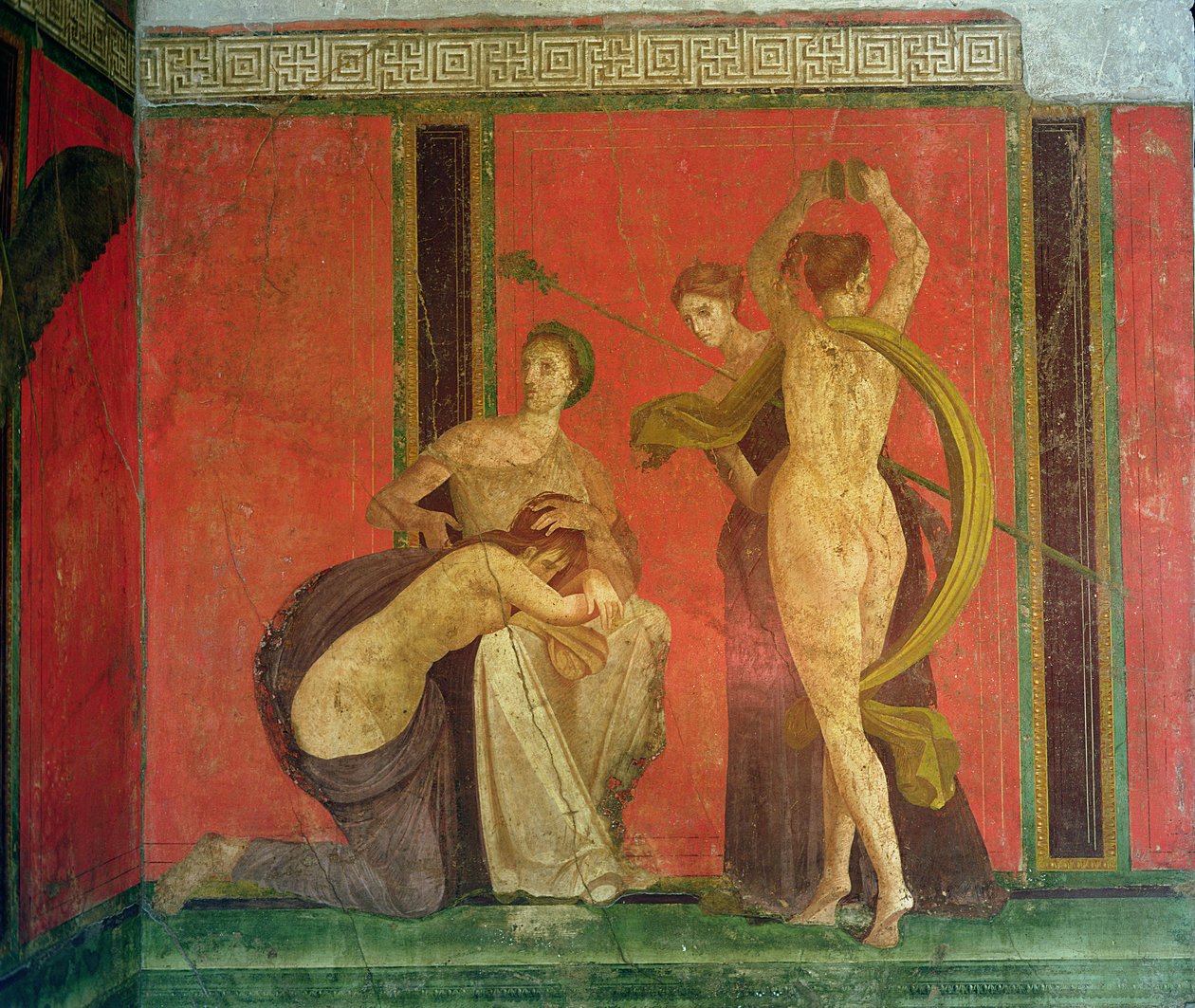 Biczowana kobieta i tancerka z cymbałami, ściana południowa, Oecus 5, drugi styl pompejański autorstwa Roman