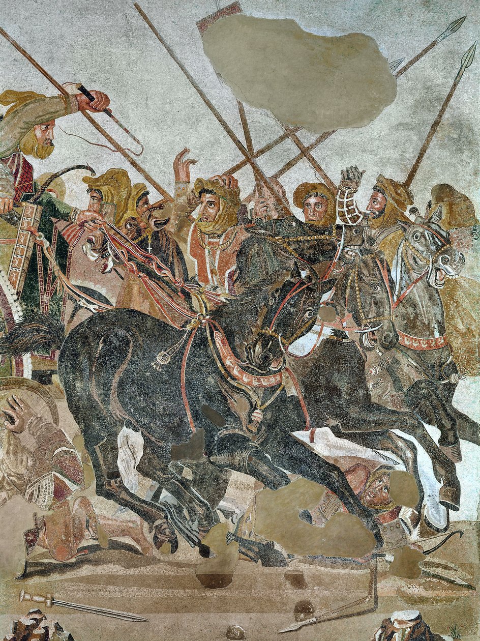 Mozaika Aleksandra, szczegół przedstawiający armię perską w bitwie pod Issus, mozaika z ok. 80 r. p.n.e. autorstwa Roman