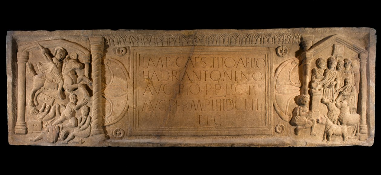 Płyta Bridgeness, detal z płyty dystansowej z piaskowca, symbolizującej podbój rzymski, z Bridgeness, West Lothian, ok. 142 r. autorstwa Roman