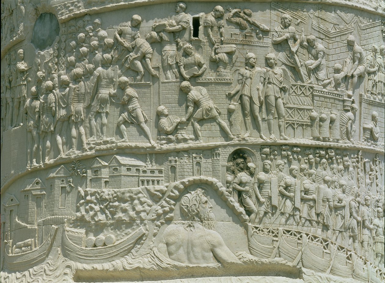 Armia rzymska przekraczająca Dunaj, fragment z kolumny Trajana, 113 AD (wapień) autorstwa Roman