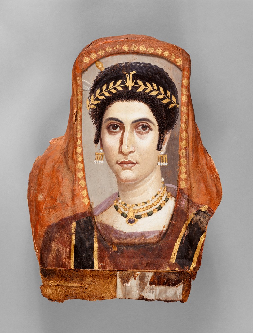 Portret mumii kobiety, ok. 1930 r. 100-10 AD (enkaustyka na drewnie, ze złoceniem i lnem) autorstwa Roman Period Egyptian