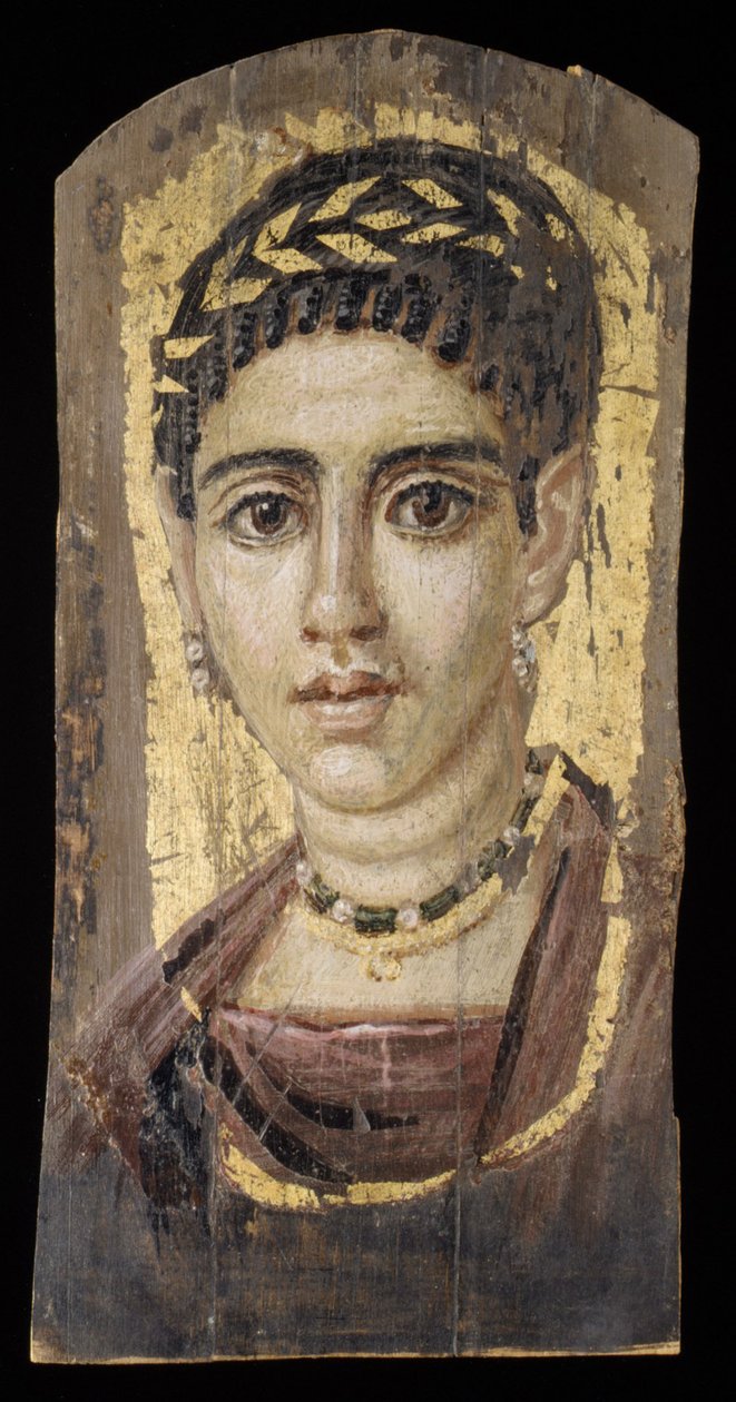 Portret młodej kobiety ze złoconym wieńcem, 120-140 n.e. (enkaustyka, drewno, złoto płatkowe) autorstwa Roman Period Egyptian