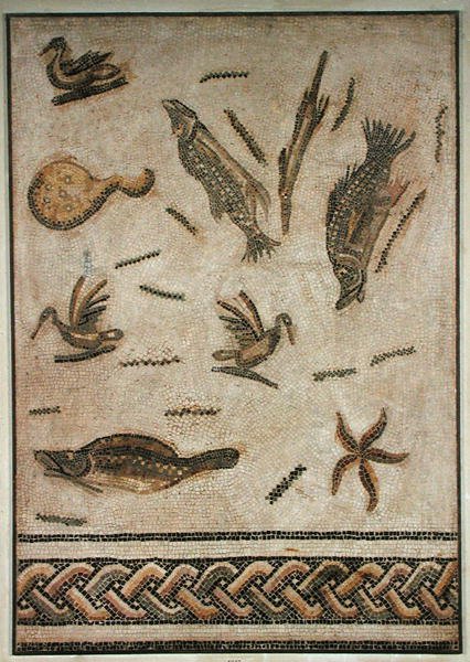 Kaczki i fauna morska, fragment chodnika z Utica, Tunezja, III-IV w. (mozaika) autorstwa Roman Roman