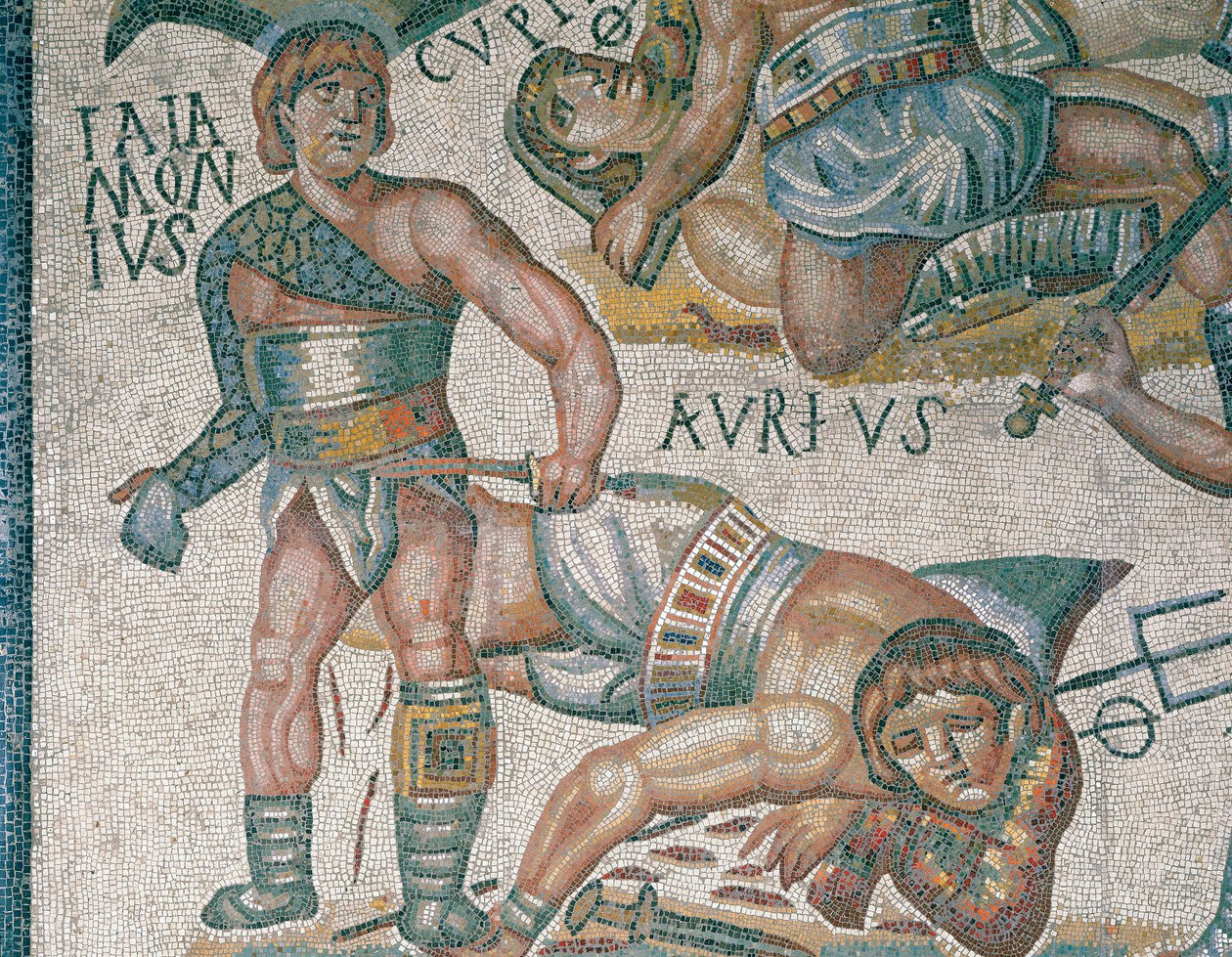 Mozaika przedstawiająca scenę walk gladiatorów, detal, przechowywana w Galerii Borghese w Rzymie autorstwa Roman Roman