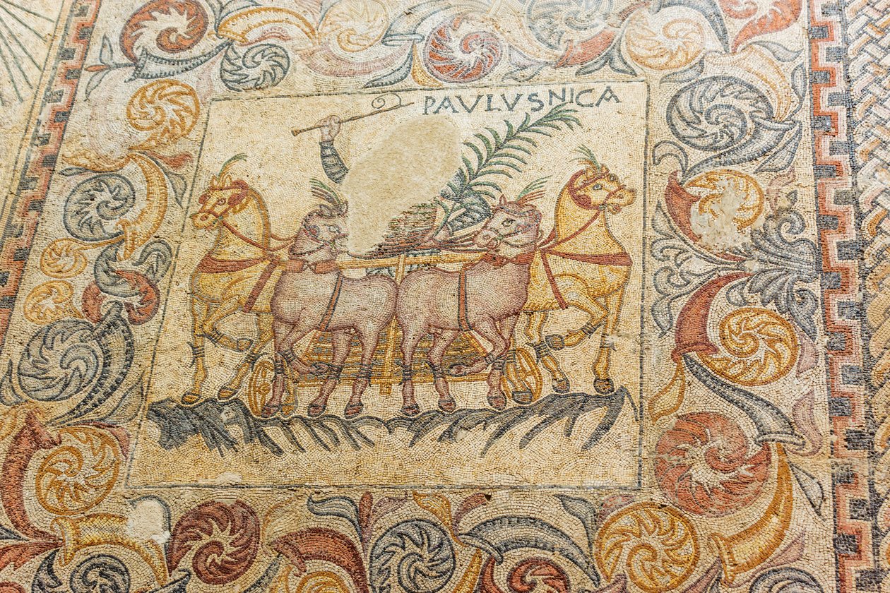 Mozaiki przedstawiające woźnicę pędzącą cztery konie autorstwa Roman Roman
