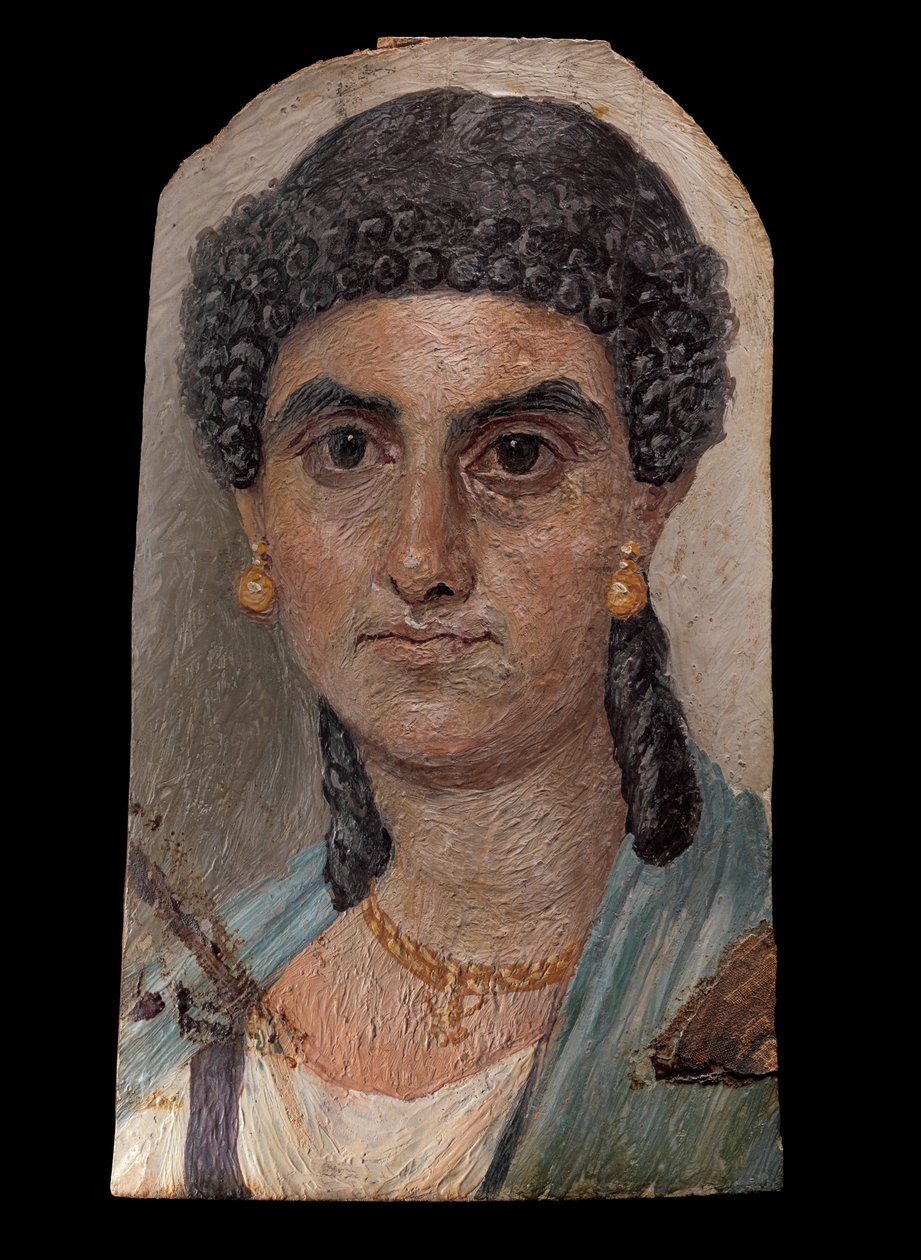 Obraz tablicowy kobiety w niebieskim płaszczu, 54-68 ne (enkaustyka na drewnie) autorstwa Roman Roman
