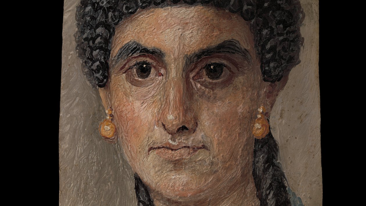 Obraz tablicowy kobiety w niebieskim płaszczu, 54-68 ne (enkaustyka na drewnie) autorstwa Roman Roman