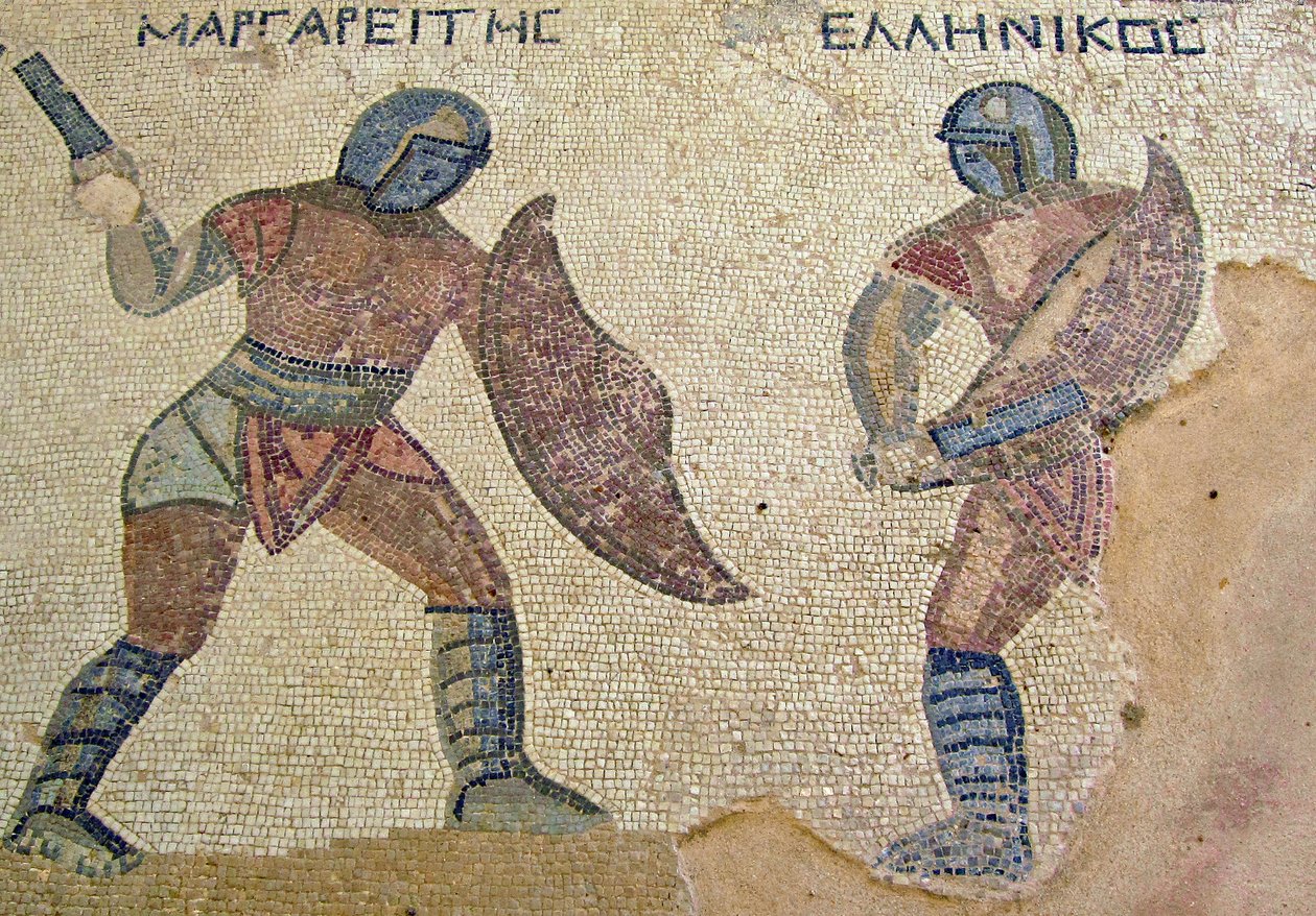 Walka dwóch Gladiatorów, Dom Gladiatorów, Kourion, Cypr (mozaika) autorstwa Roman
