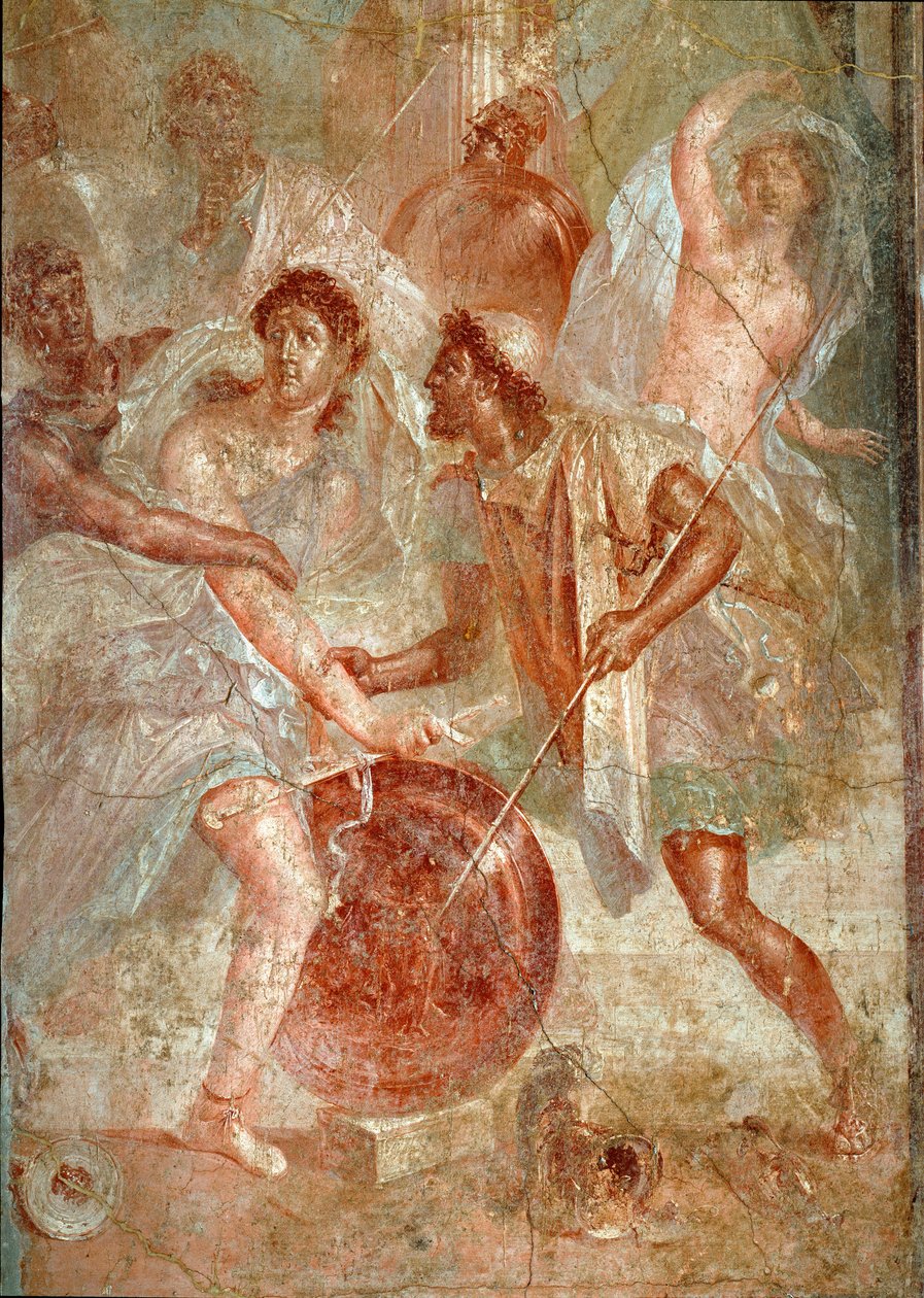 Achilles, przebrany w kobiety, jest rozpoznawany przez Ulissesa wśród córek Lycomede jako fresk Scyros z Pompei. I wiek naszej ery. Ciemny. 145,5x137,5 cm Neapol, narodowe muzeum archeologiczne - sztuka rzymska. Gwałtowna walka między mieszkańcami Pompejów autorstwa Roman