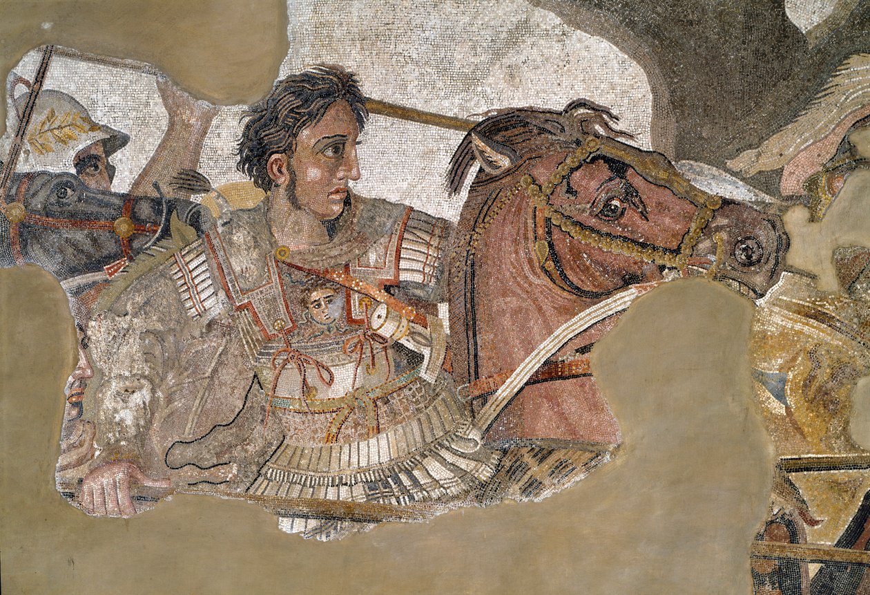 Aleksander Wielki (356 - 323 pne) na swoim koniu Bucefal. Mozaika z Domu Fauna, Pompeje autorstwa Roman