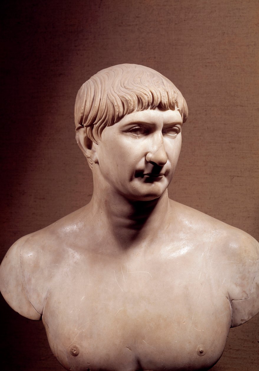 Starożytny Rzym: marmurowe popiersie cesarza Trajana (Marcus Ulpius Traianus) (98-117 ne) Musée du Louvre Paris autorstwa Roman