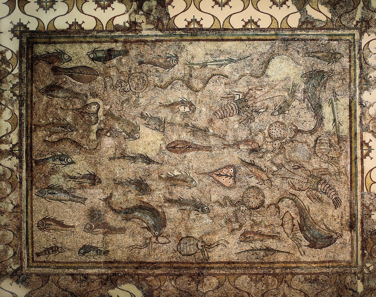Sztuka rzymska: mozaika ryb. Początek III wieku. Tarragona. Narodowe Muzeum Archeologiczne. autorstwa Roman