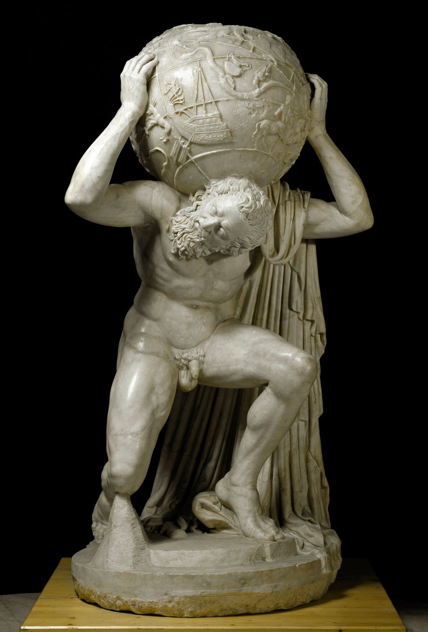 Atlas Farnese Atlas z niebiańskim globusem symbolizującym wiedzę astronomiczną z tamtego okresu. Rzymska rzeźba z marmuru według greckiego oryginału. II wiek. Ciemny. 191 cm Museo Archeologico Nazionale, Neapol autorstwa Roman