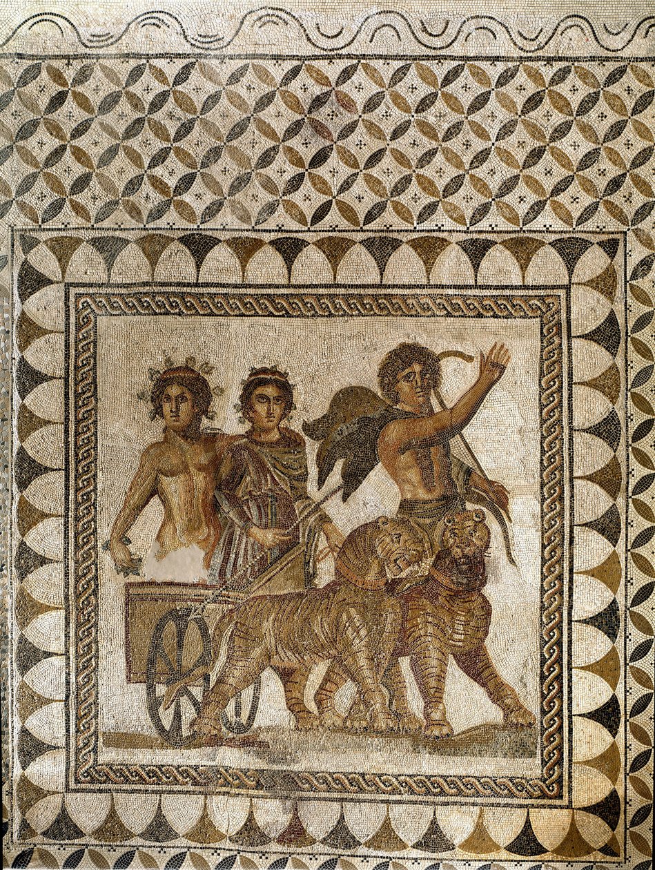 Bachus w rydwanie ciągniętym przez tygrysy, III w. (mozaika) autorstwa Roman