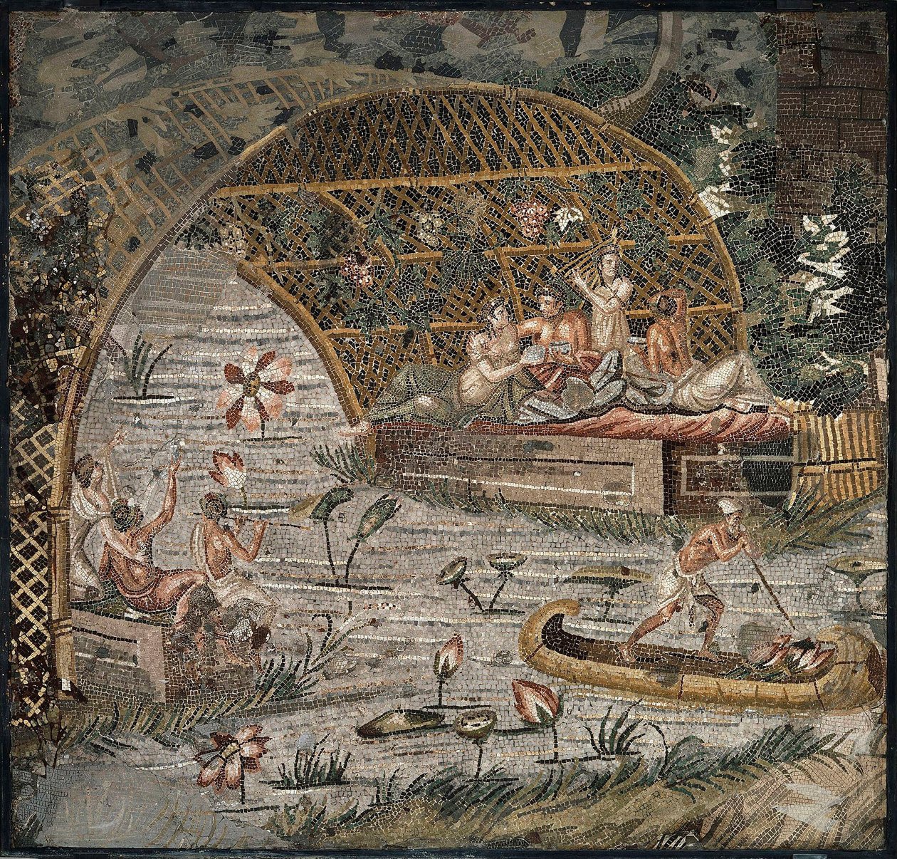 Bankiet pod pergolą w pobliżu Nilu - Fragment mozaiki nilowej Palestriny - III wiek pne - Mozaika Nilu Palestrina - III wiek pne, 95x102 cm - Staatliche Museen, Berlin autorstwa Roman