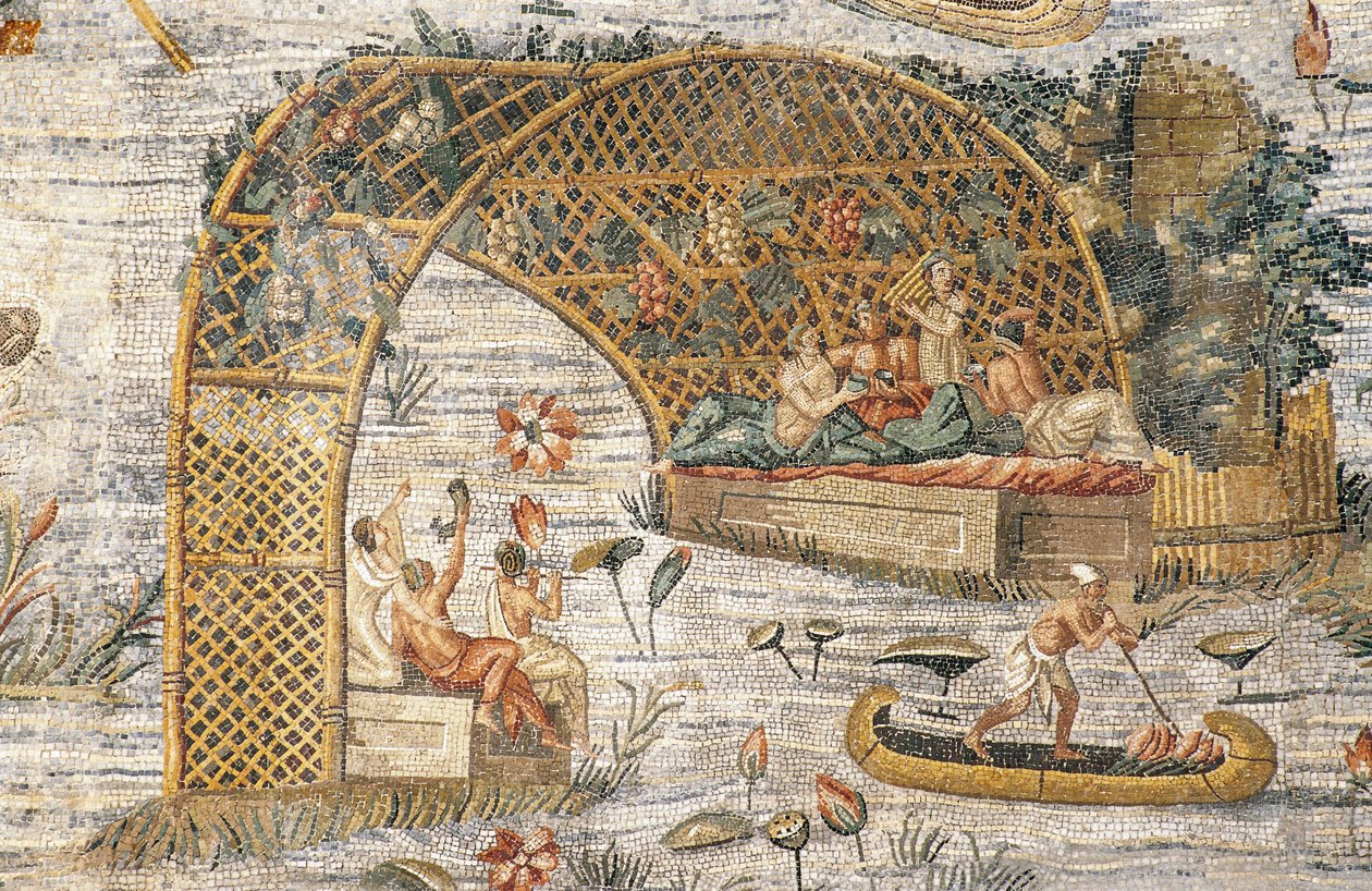 Bankiet pod pergolą, fragment z mozaiki nilotycznej przedstawiającej powódź rzeki Nilu w Egipcie, z Sanktuarium Fortuna Primigenia w Palestrinie, Lacjum, Włochy, cywilizacja rzymska autorstwa Roman
