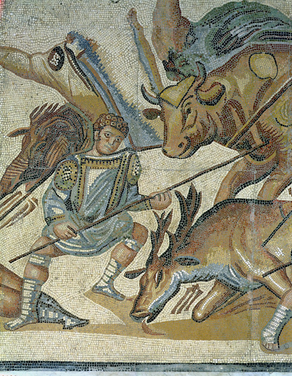 Bitwa gladiatorów ze zwierzętami, detal przedstawiający gladiatora przebijającego byka, 320 r. n.e. (mozaika) autorstwa Roman