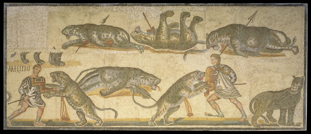 Bitwa gladiatorów i dzikich kotów, 320 AD (mozaika) autorstwa Roman
