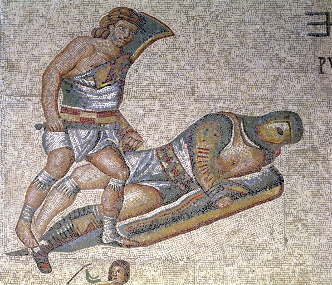 Bitwa między gladiatorami, detal przedstawiający gladiatora przygważdżającego innego do ziemi, 320 r. n.e. (mozaika) autorstwa Roman