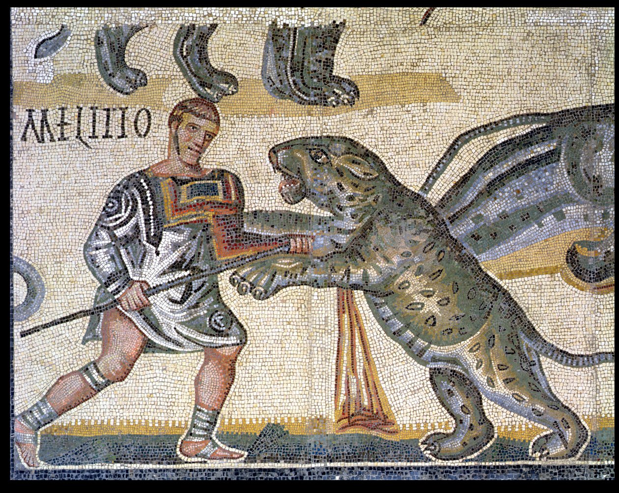 Bitwa gladiatorów przeciwko żbikom, szczegół przedstawiający gladiatora biegnącego przez żbika, 320 ne (mozaika) autorstwa Roman