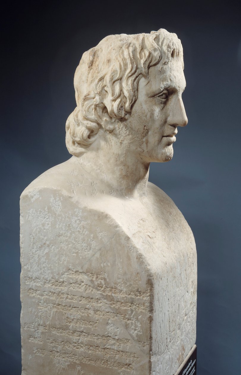 Popiersie Aleksandra Wielkiego, znanego jako „Hermes Azara”, rzymskie dzieło po posągu Lysippe z brązu. Około 330 p.n.e. Paryż, Luwr autorstwa Roman