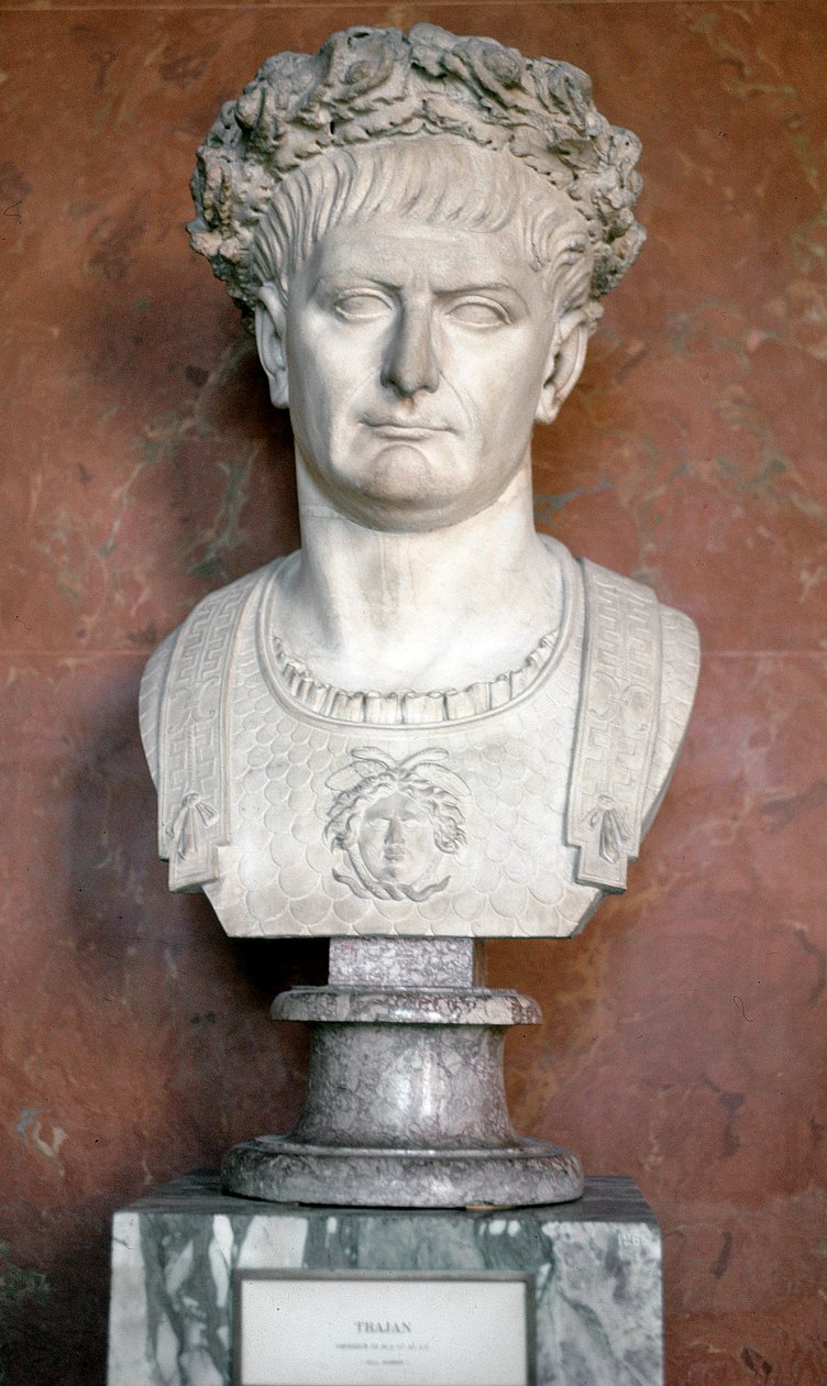 Popiersie cesarza Trajana z wieńcem laurowym i Meduzą na torsie (rzeźba z marmuru, 98-117) autorstwa Roman