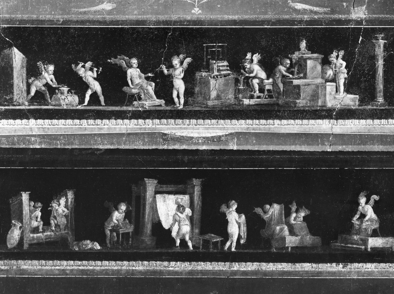 Cherubinki zarabiające pieniądze i farbujące tkaniny, fryz z Oecus Casa dei Vettii (Domu Vettii) ok. 50-79 r. autorstwa Roman