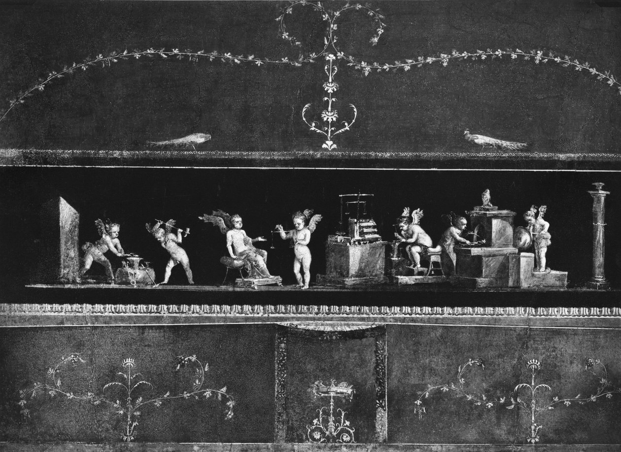 Cherubiny zarabiające pieniądze, fryz z Oecus Casa dei Vettii (domu Vettii) ok. 50-79 r. autorstwa Roman