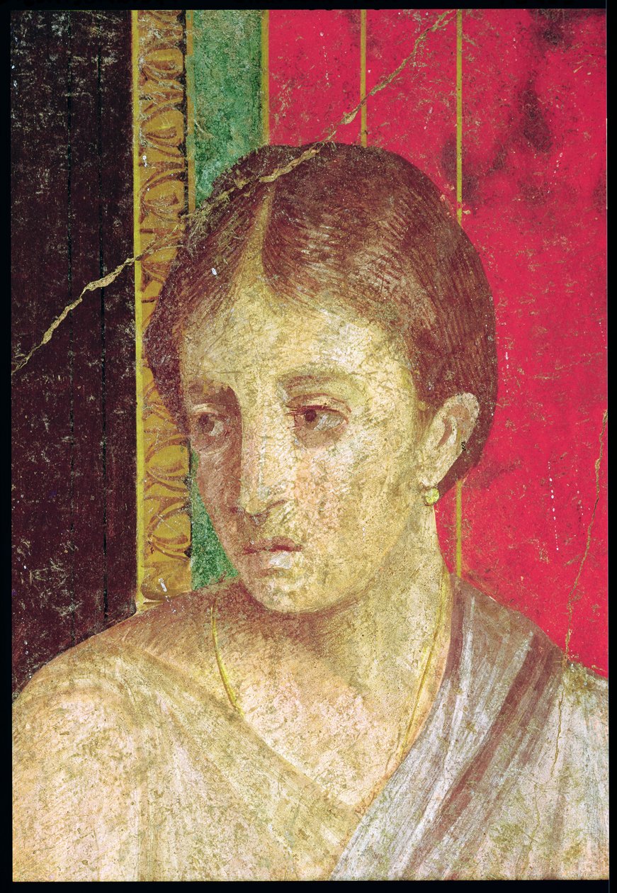 Szczegół głowy siedzącej Matki, ze sceny Katechizmu, Ściana Północna, Oecus 5, fresk 60-50 p.n.e. patrz także 20015 autorstwa Roman