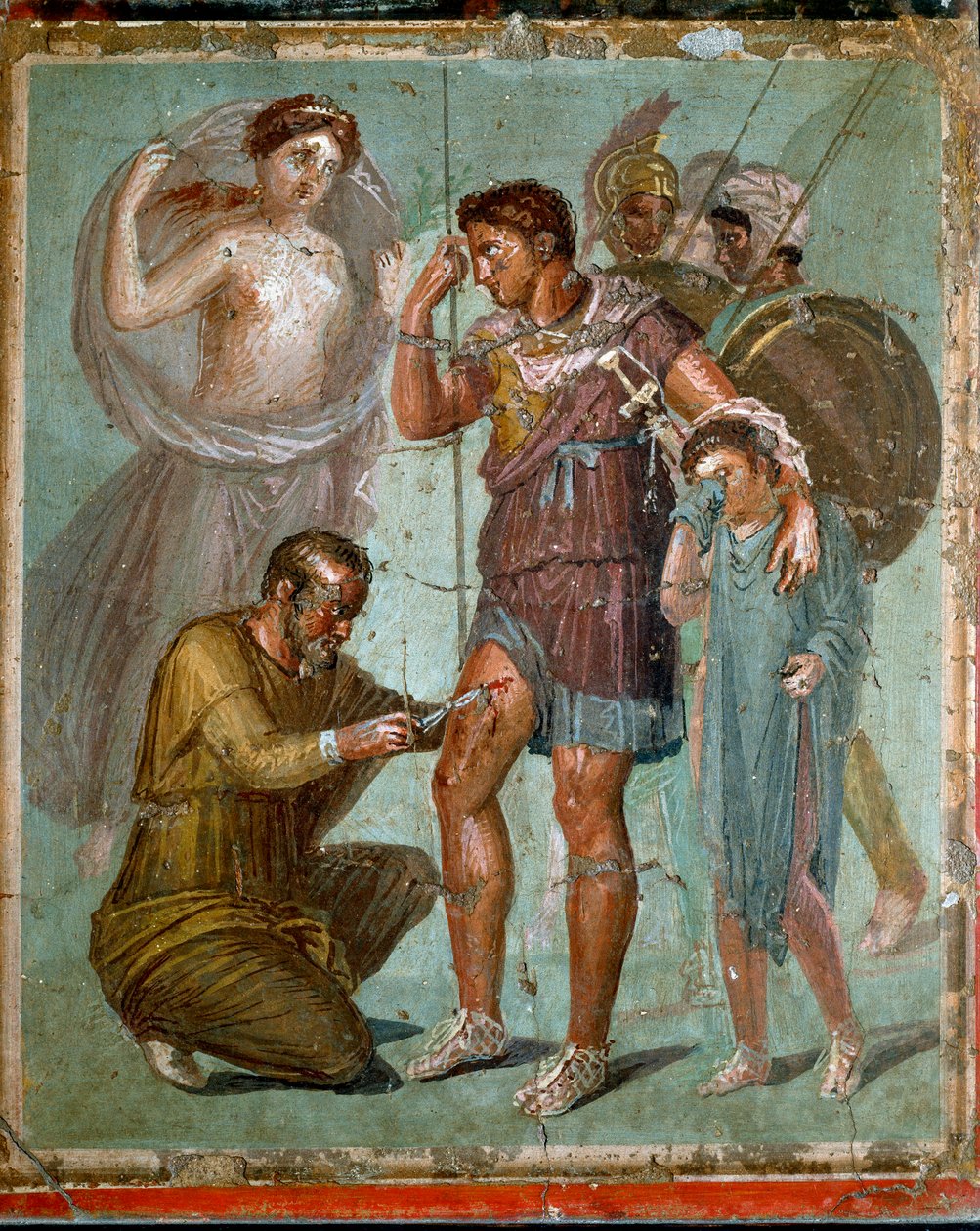 Rany Enee ze swoim synem Iule leczy grecki lekarz Iapige, syn Iaso. Fresk rzymski z I wieku naszej ery. z Pompejów. Neapol, Narodowe Muzeum Archeologiczne - Sztuka rzymska: Zraniony Eneasz jest leczony przez Lapygesa (lub lapix lub lapus lub lapis, syn autorstwa Roman