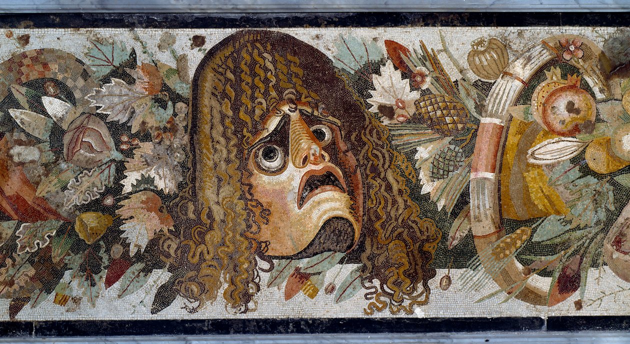 Feston z maską, liśćmi i owocami. Szczegół. Mozaika z Casa del Fauno w Pompejach, II wpne. Wymiary: 280 x 49 cm. Museo Nazionale Archeologico, Neapol - Sztuka rzymska: girlanda z tragiczną maską, liśćmi i owocami. Szczegół. Mozaika z Domu Fauna, Po autorstwa Roman