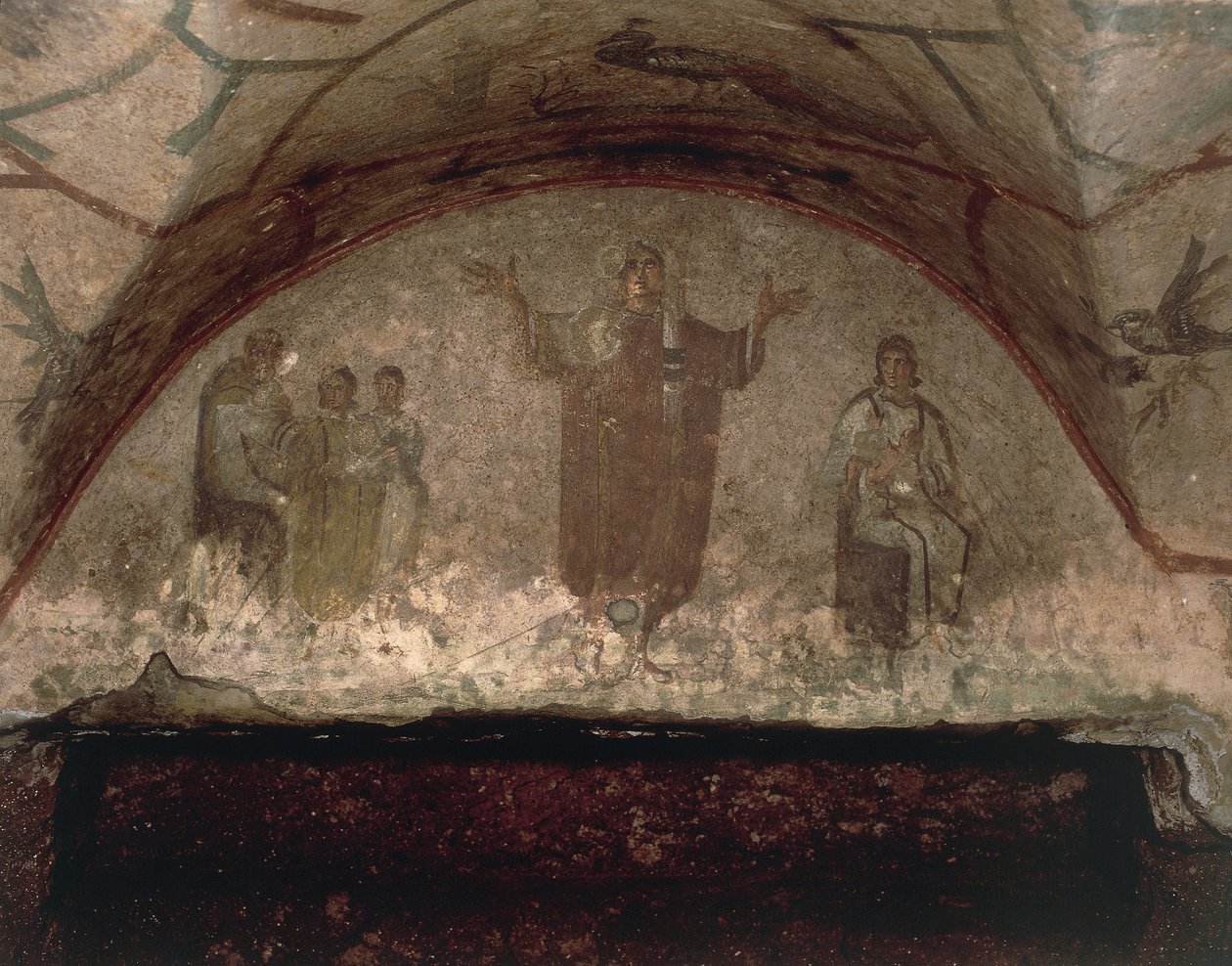 Figura młodej kobiety z zawoalowaną głową modlącej się z wyciągniętymi ramionami, Via Salaria (fresk) autorstwa Roman