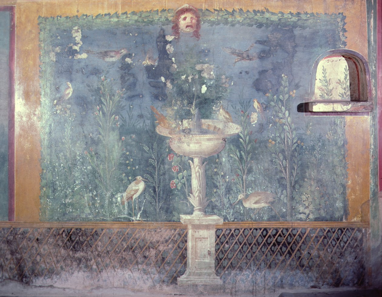 Fontanna, maska i ptaki, Dom Wenus w muszli, Pompeje, Włochy (fresk) autorstwa Roman