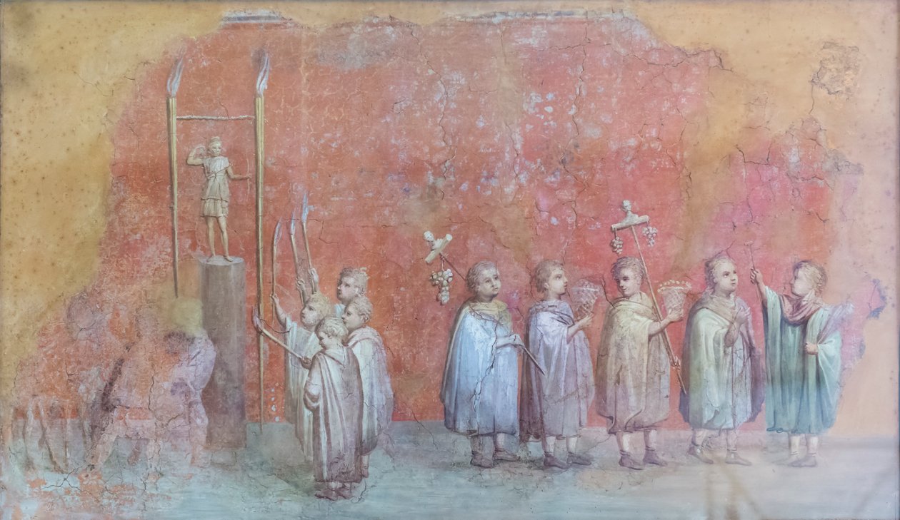 Fresk fragment kalendarza przedstawiający dzieci w procesji, prawdopodobnie obchody urodzin cesarza Sewera i przedstawiający miesiąc kwiecień, III wiek n.e. (fresk) autorstwa Roman