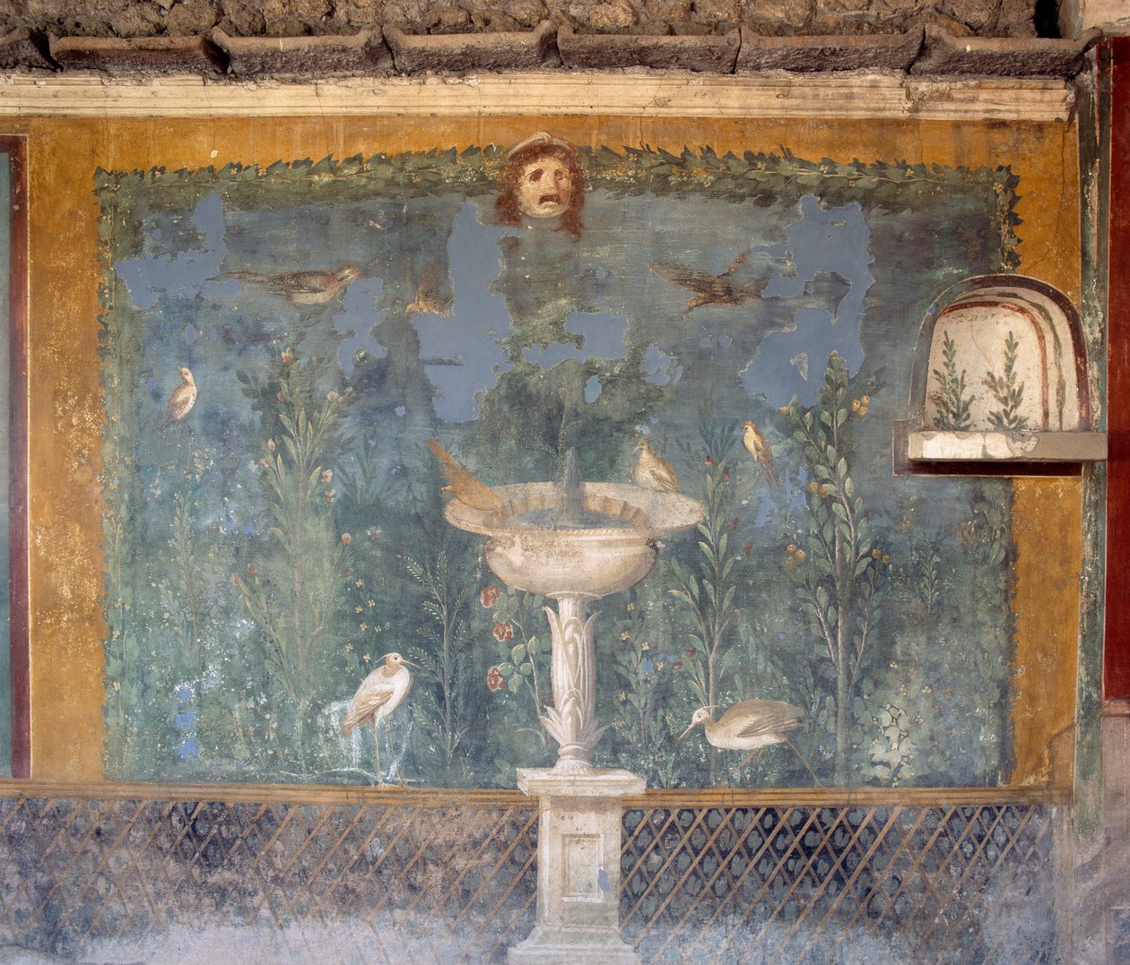 Fresk z fontanną, maską i ptakami, Dom Wenus w Muszli, Pompeje (Lista Światowego Dziedzictwa UNESCO) autorstwa Roman