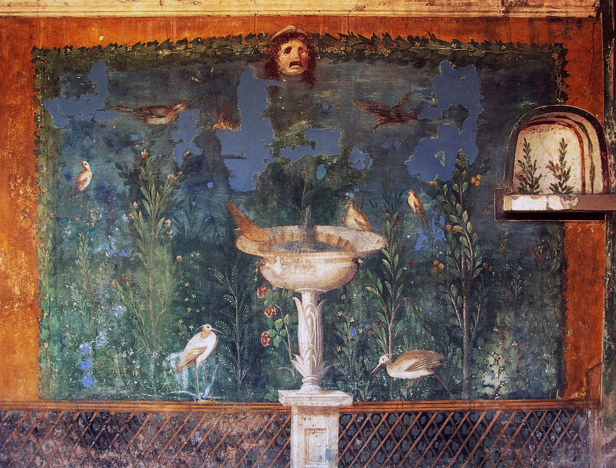 Fresk z fontanną, maską i ptakami, Dom Wenus w muszli, Pompeje, Kampania, Włochy, cywilizacja rzymska autorstwa Roman