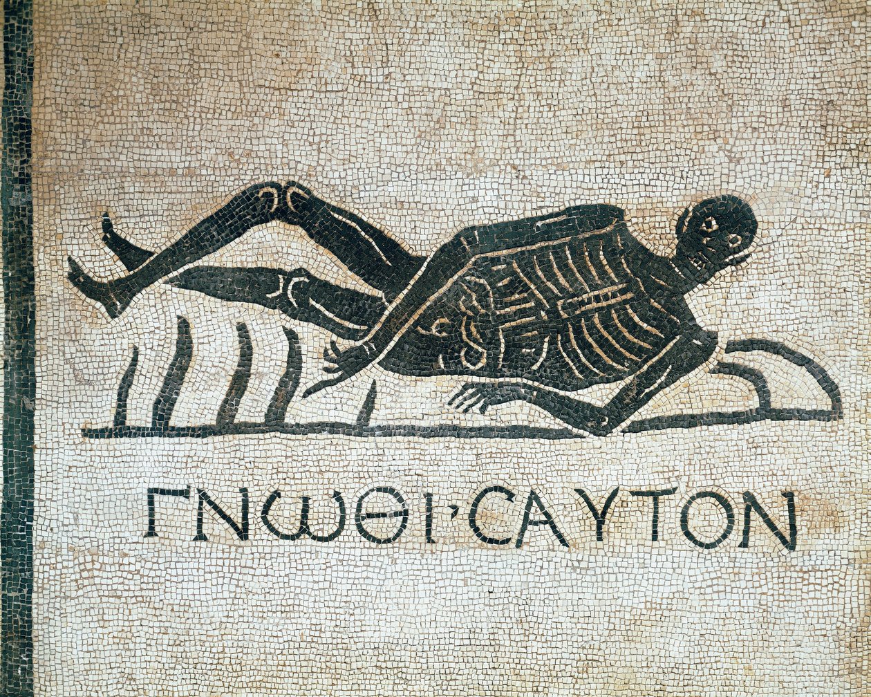 Gnothi seauton (Poznaj siebie memento mori w mozaice z wykopalisk w klasztorze św. Grzegorza w Rzymie, z mottem greckim z III wieku pne) Museo Nazionale Romano (o delle Terme) Rzym autorstwa Roman