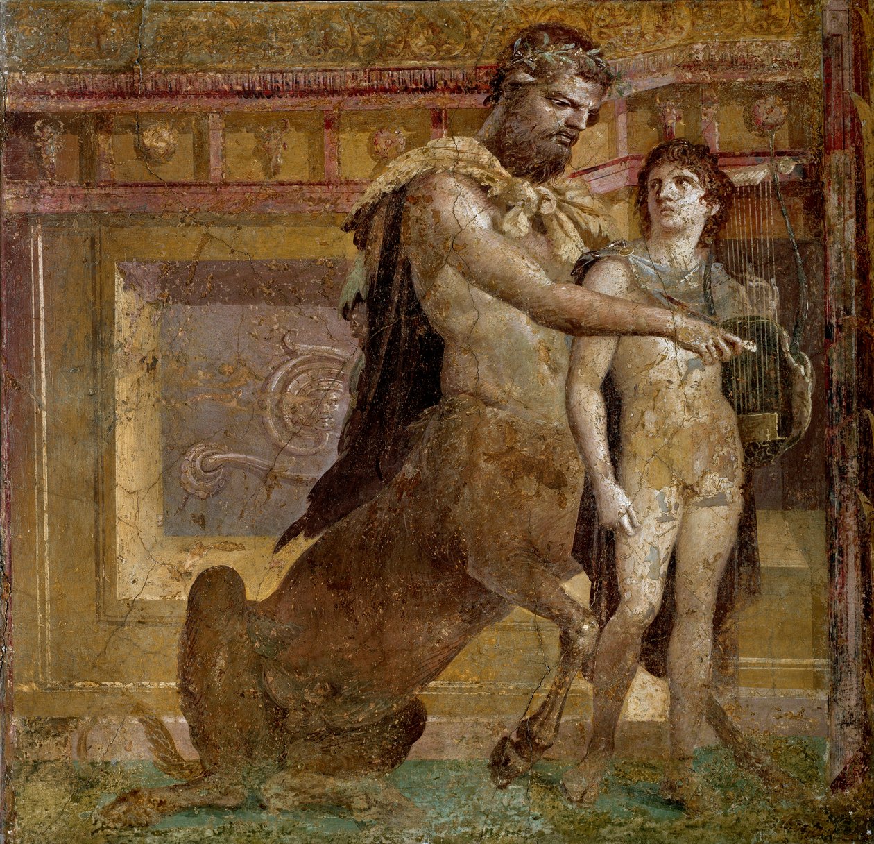 Mitologia grecka: dziecko centaura Chirona i Achillesa. Fresk z bazyliki Herkulanum (Basilica di Ercolano). Sztuka rzymska Neapol, Museo Archeologico Nazionale - mitologia grecka: centaur Chiron i dziecko Achillesa lub edukacja Achillesa C autorstwa Roman