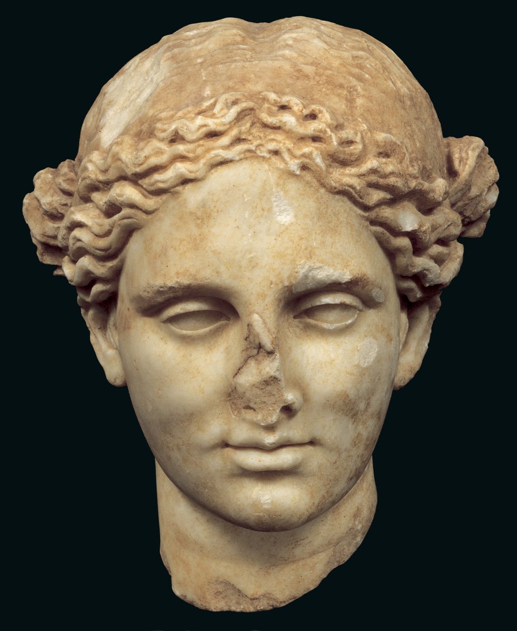 Głowa Apollo Sauroktonosa (zabójcy jaszczurek) kopia greckiego brązu z IV wieku autorstwa Praksytelesa, znalezionego w Kifissia (marmur) autorstwa Roman