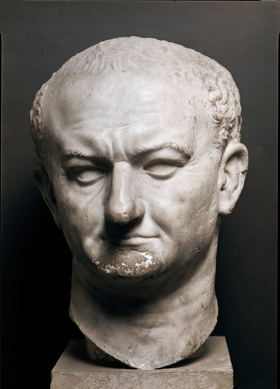 Głowa cesarza rzymskiego Vespasiano (Vespasianus lub Vespasiano, 9-79 ap. JC) - Rzeźba marmurowa, Wysokość 40 cm - Rzym, Museo Nazionale Romano - Głowa cesarza Vaspasiana (Titus Flavius Vespasianus) (9-79) - Rzeźba marmurowa ( wys. 40 cm) - Rzym, Museo Naz autorstwa Roman