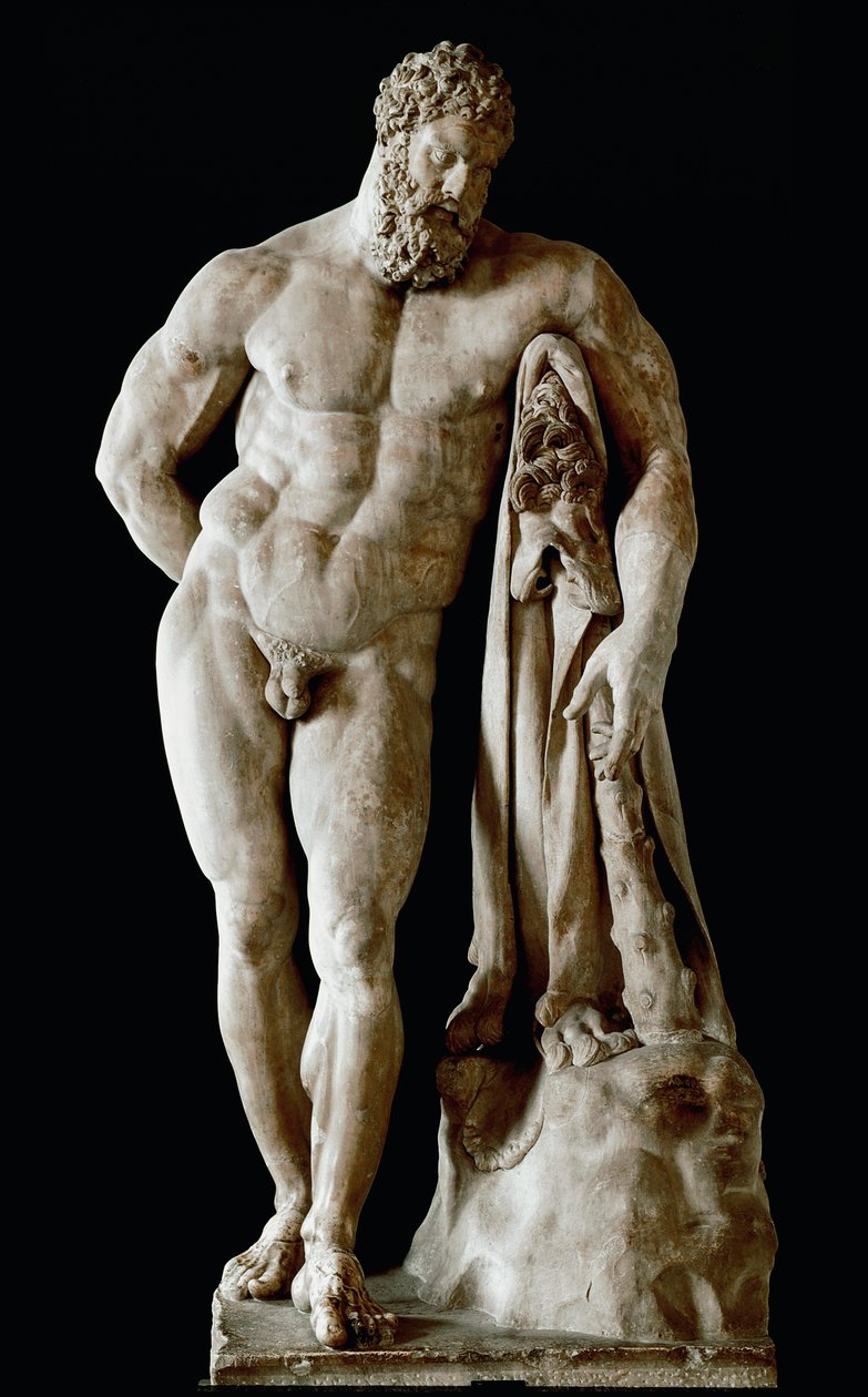Hercules Farnese Kolosalna rzeźba z marmuru Glycon z łaźni termalnych Karakalli w Rzymie z greckiego oryginału Lysipusa z Sicyone, wym. 3,17 m, III wiek po JC - Muzeum Archeologiczne w Neapolu - Herkules Farnese - Rzeźba z marmuru (H.31 autorstwa Roman