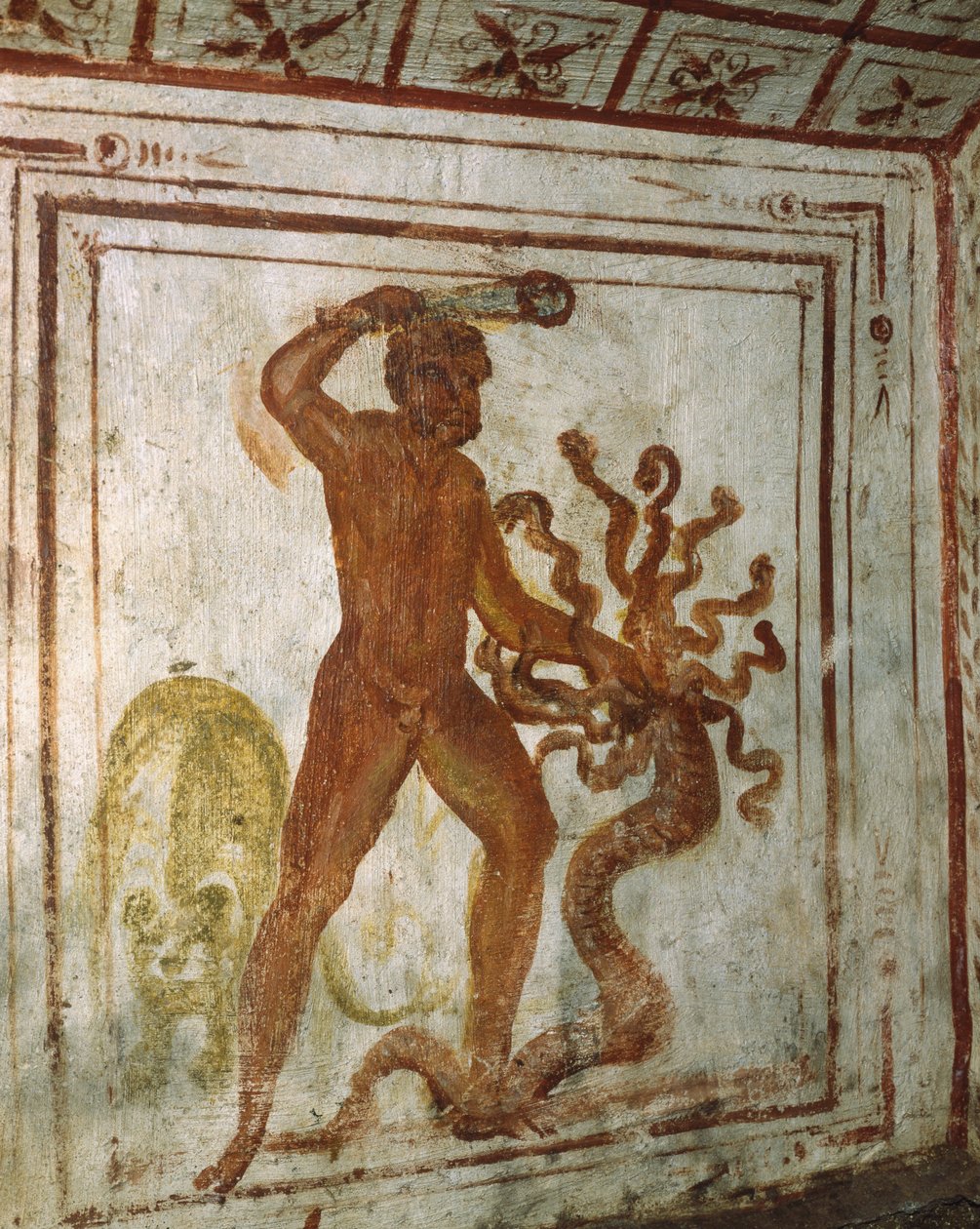 Herkules i Hydra Lernejska, fresk, Via Latina Catacomb, Rzym, Włochy, IV w. autorstwa Roman