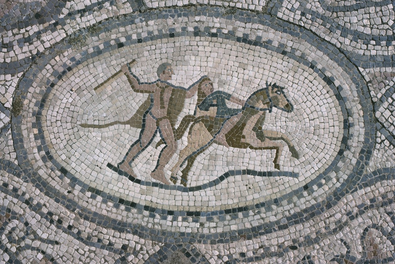 Herkules i królowa Amazonek, z podłogi „Dom Herkulesa” (mozaika) autorstwa Roman