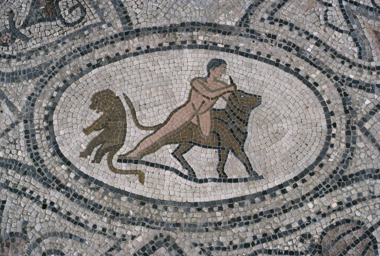 Herkules i byk kreteński, z podłogi "Domu Herkulesa" (mozaika) autorstwa Roman