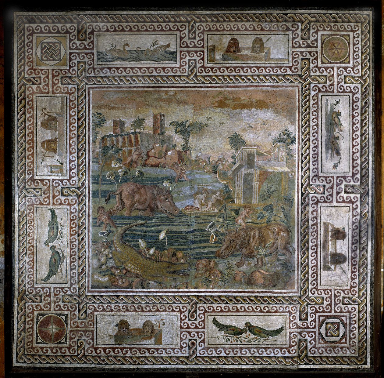 Polowanie na hipopotamy na Nilu (mozaika) autorstwa Roman