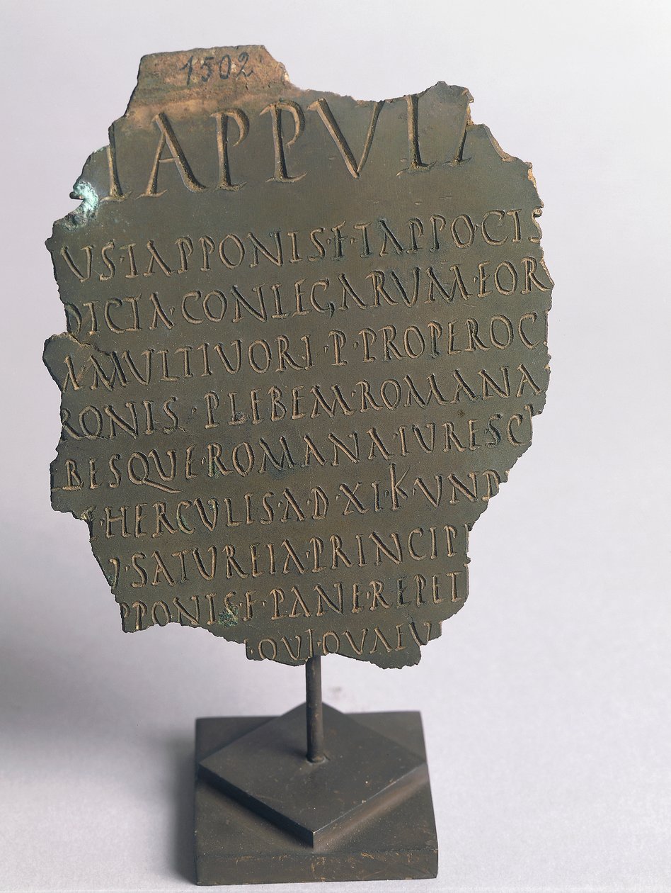 Lex Tappula, fragment satyrycznego prawa sporządzonego przez koło biesiadne z Vercelli, parodia napisana w takiej samej formie jak rzymskie prawa plebiscytowe, wchodząca w skład leges conviviales przekazanych przez Festo, brąz, cywilizacja rzymska autorstwa Roman