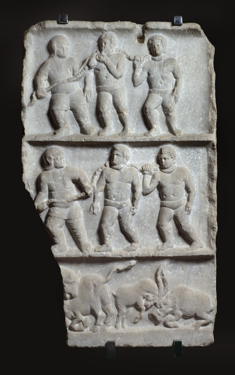 Marmurowa płaskorzeźba z 3 rejestrami: niewolnicy w łańcuchach i zwierzęta, ok.200 AD (marmur) autorstwa Roman