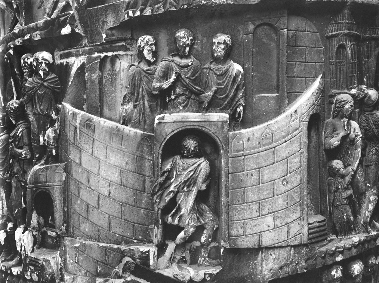 Marek Aureliusz odbiera posłańca, fragment z kolumny Marka Aureliusza, 180-196 AD (marmur) (zdjęcie czarno-białe) autorstwa Roman